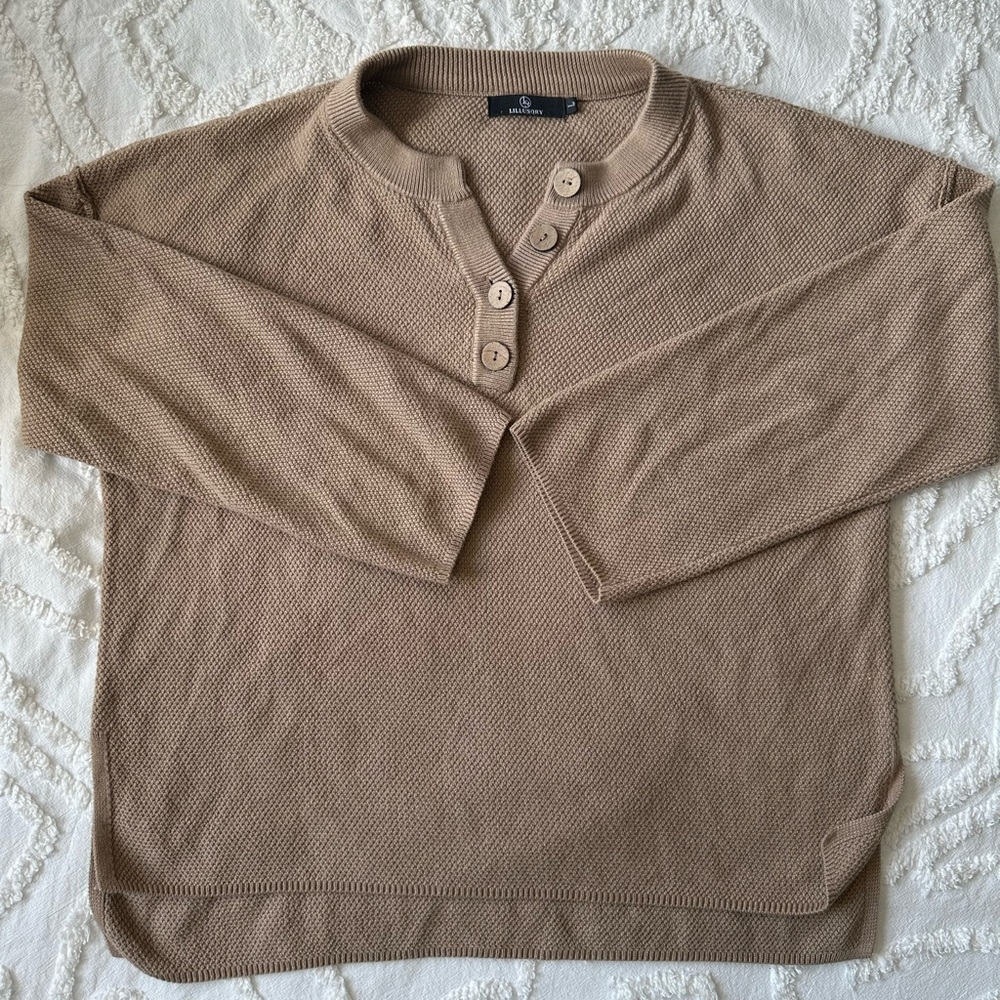 LILLUSORY Brown Tope 1/4 Button Knit Henley Women’s Sweater Size Large.